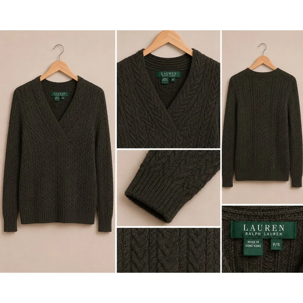 Lauren‎ Ralph Lauren Petite Olive Green Cable Knit Surplice V-Neck Sweater P/S